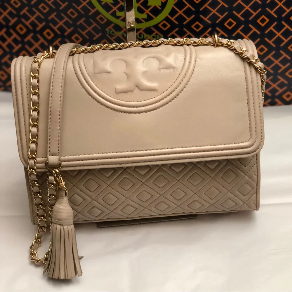Tory Burch Soft Pink Quilted Leather Crossbody with Gold Chain